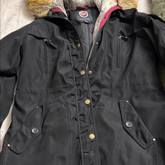 Madison Black Coat with Faux Fur Hood - Picture 5 of 14